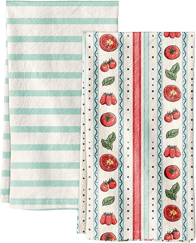 Miss Adola 2 Pack Flour Sack Kitchen Towels - 16x26 Inch Cotton Dish Towels with Hanging Loop Reusable Geometric Boho Modern Retro Tea Towel Absorbent Dishcloths Home Decor, Stripe Fruit