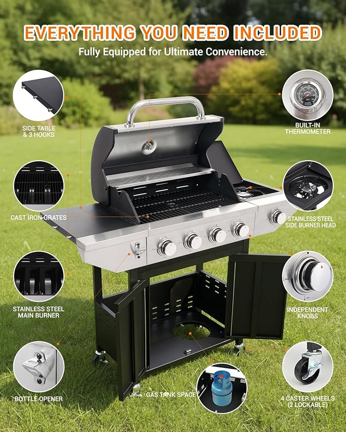 EUHOME 4-Burner Propane Gas BBQ Grill with Side Burner, 46,500 BTU Output Stainless Steel Barbecue Grill with Enameled Cast Iron Grates and Side Tables for Outdoor Cooking Kitchen and Patio Backyard