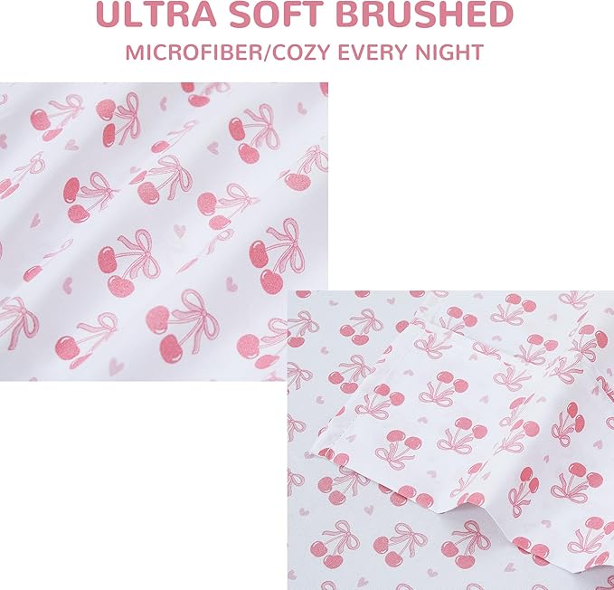 Viviland 3 Pieces Girls Pink Twin Sheet Set - Soft Microfiber Fitted Flat Sheets & Pillowcase - Pink Cherry Bow Print Bedding Sets - for Kids & Toddlers