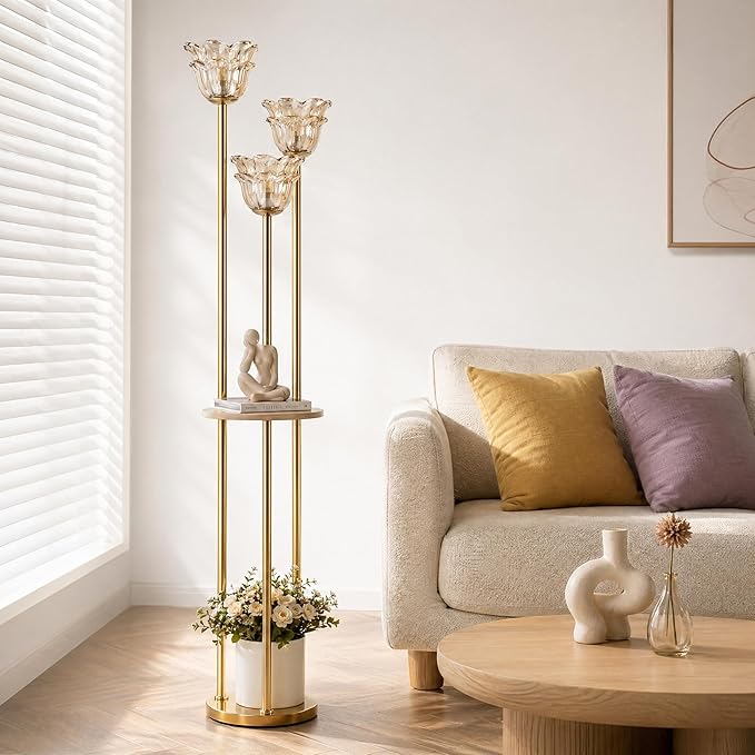Fiqevs Crystal Floor Lamp with Shelves, 3 Head Modern Gold Standing Lamp with Table, Amber Flower Crystal Shade Brass Corner Lamp Mid Century Retro for Living Room, Bedroom