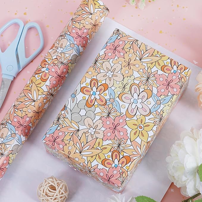 RayofSun Floral Wrapping Paper Roll 17 in x 32ft Mini Roll Boho Vintage Flower Gift Wrap All Occasion Wedding Birthday Bridal Shower Party Baby Shower Christmas