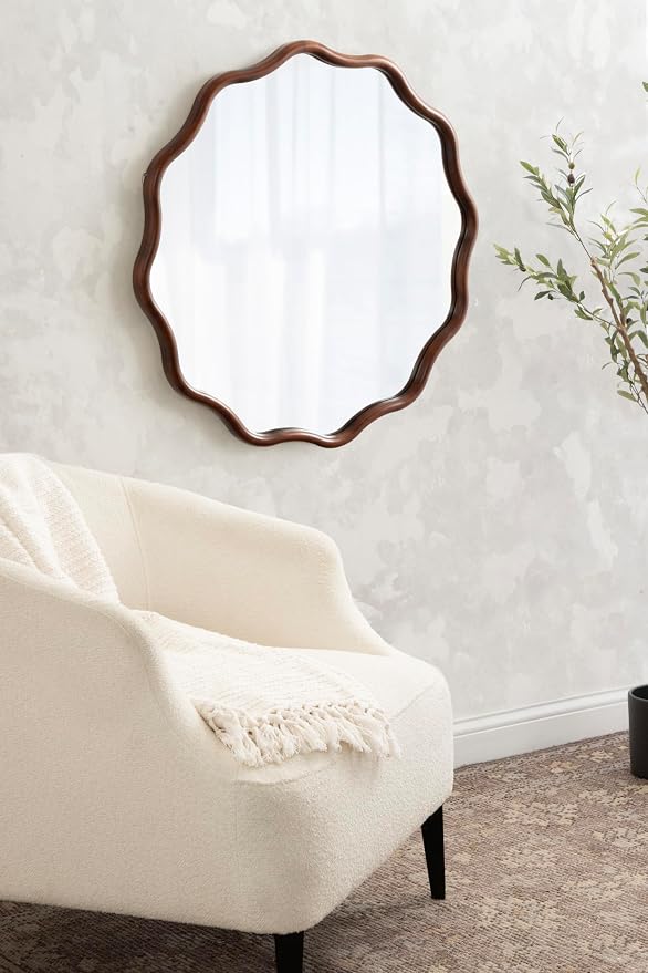 Kate and Laurel Talma Mid-Century Round Scalloped Wall Mirror; 30 Inch Diameter; Walnut Brown; Modern Circle Mirror with Solid Poplar Wood Frame and Rounded Frame Profile
