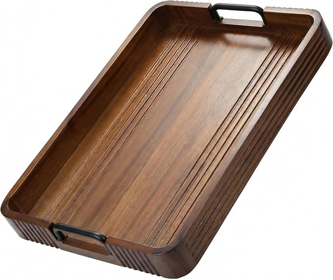 Acacia Wood Serving Tray with Metal Handles, 17x13in, Decorative Coffee Table Tray & Ottoman Tray, Anti-Slip Pads, Dark Wood Tray for Breakfast in Bed, Bar Tray, Gift Box