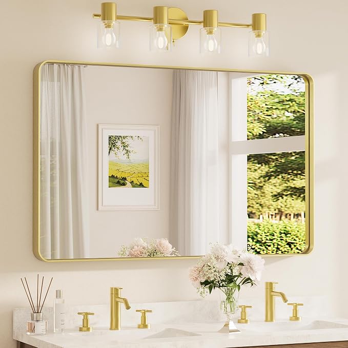 TETOTE 48 x 30 Inch Bathroom Mirror, Brushed Gold Metal Framed Wall Mounted Mirrors, Brushed Brass Rectangle Modern Decorative Vanity Mirror (Horizontal/Vertical)