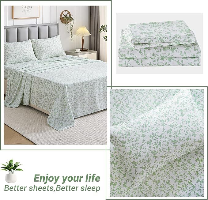 Softan King Sheet Set Green Leaves Bedding Sheets Printed Sheets - 4 Piece Soft Microfiber Botanical Patterned Fitted Sheet with 15" Deep Pocket
