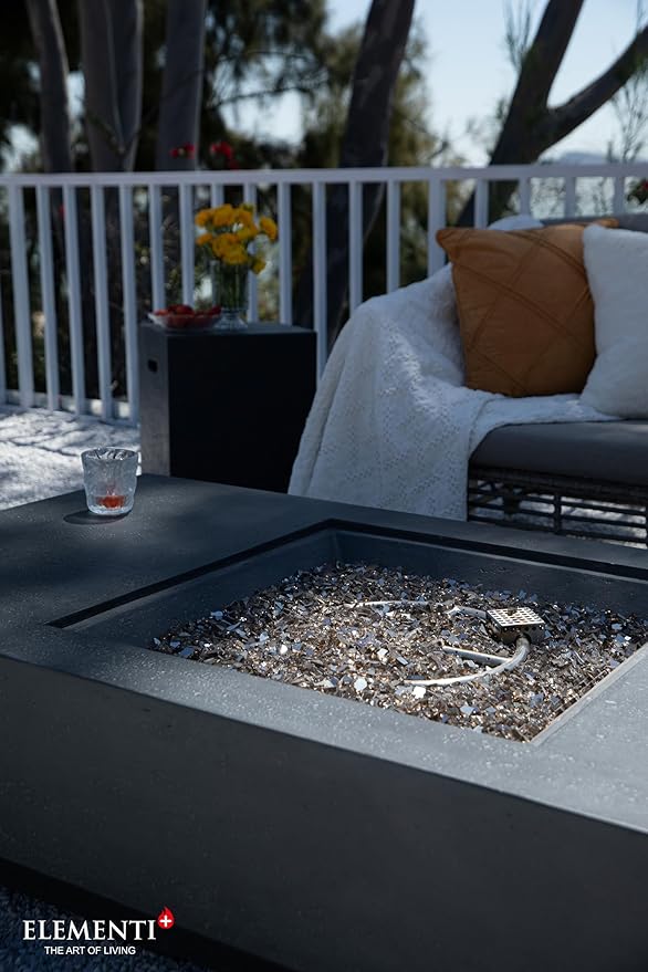 Elementi+ | Bundle Cannes Gas Fire Pit Cast Concrete 60" Rectangular Fire Table, Outdoor Fire Pit Electronic Ignition | Canvas Cover, Fire Glass and Burner Lid Included | Dark Gray | Natural Gas
