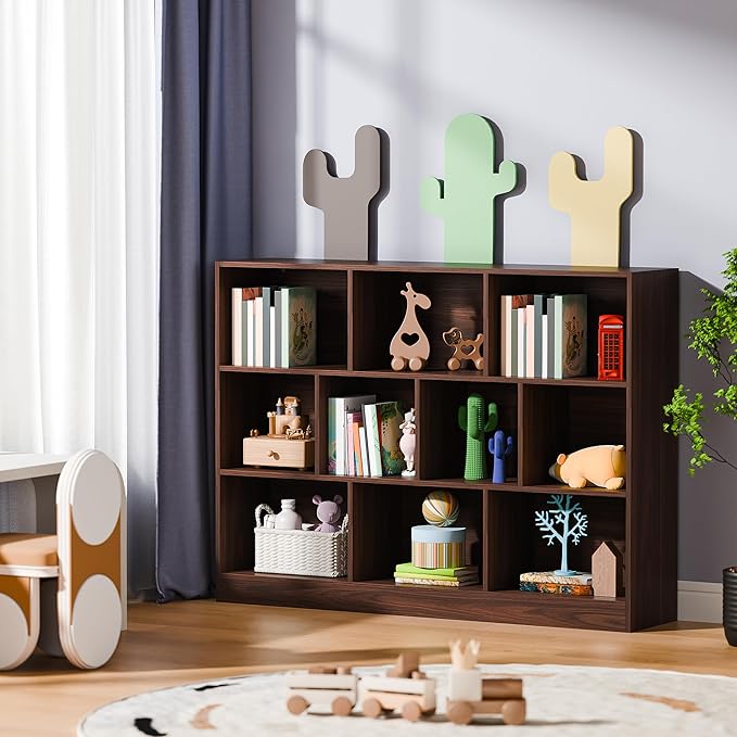 Cozy Castle Brown Bookshelf, 3-Tier Open Shelf Bookcase, 10 Cube Storage Organizer with Anti-Tilt Device, Freestanding Book Storage Shelves for Bedroom, Living Room