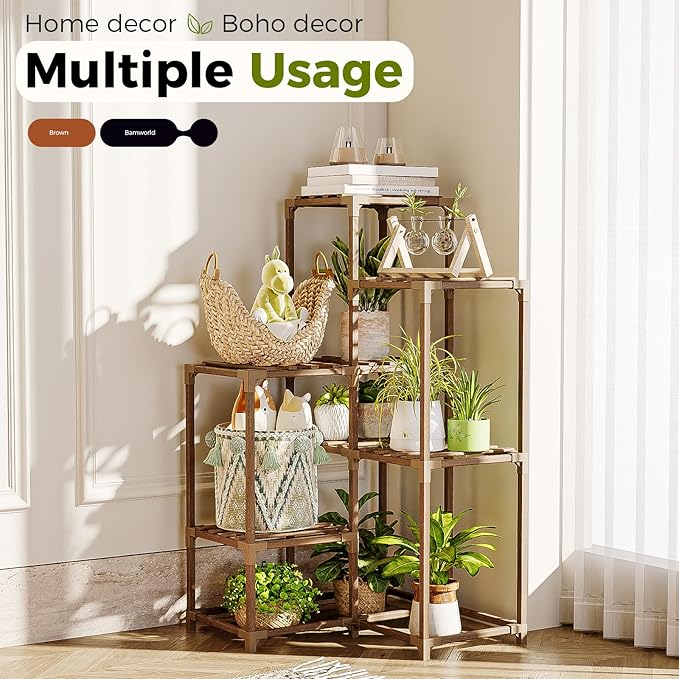Bamworld Plant Stand Indoor Plant Shelf Outdoor Corner Wood Plant Table 7 Pots Flower Stands for Living Room Plant Rack Indoor for Multiple Plants Patio Balcony Garden Decor