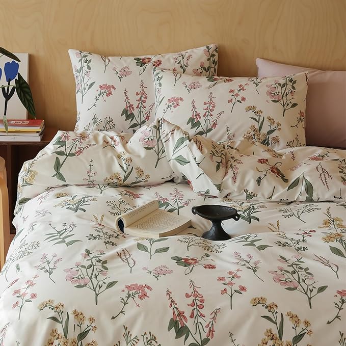 HighBuy Vintage Floral Comforter Set King Pink Yellow Botanical Coquette Bedding Comforters with 2 Pillowcases Women Girl Cottagecore Bedding Sets - 1 Fluffy Comforter 2 Pillow Shams