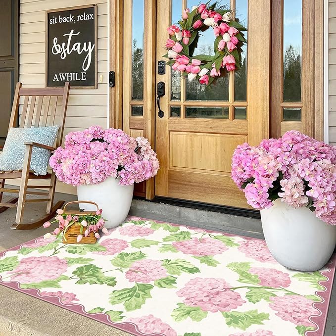 3x5 Entryway Rug - Small Washable Indoor Outdoor Mats for Front Door Non-Slip Porch Rug Boho Pink Floral Throw Rugs for Living Room Girls Bedroom Entryway Kitchen Office Front Porch Decor