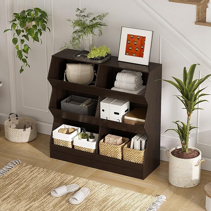 DINZI LVJ Toy Storage Organizer, Kids Bookshelf, Wooden Toy Storage Cabinet, 6 Cubby Children Bookcase, 35.4" L Toddler Book Shelf for Playroom, Living Room, Nursery, Hallway, School, Espresso