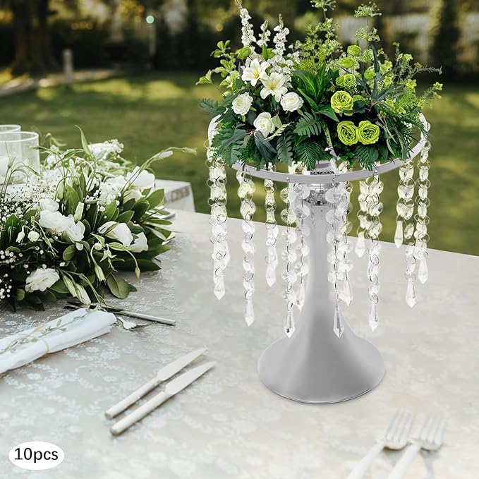 10 Pcs Glam Crystal Flower Stands, Wedding Reception Decorations with Sparkling Crystal Beads Table Center Display Flower Arrangement Flower Stand Metal Vase for Event Decor (Silver, Height:10.23in)