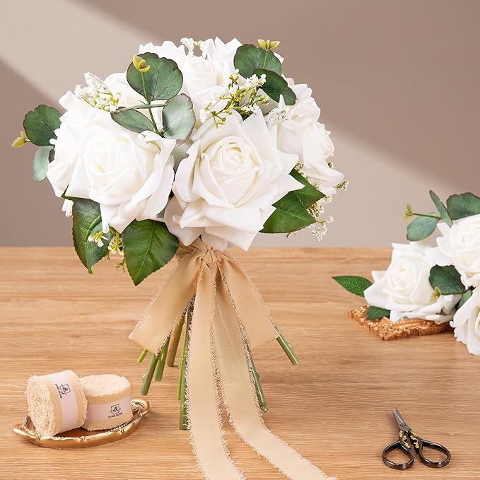 DORIS HOME Nude and Ivory Chiffon Ribbon for Flower Bouquet, 1" x21Yd Fabric Ribbon for Gift Wrapping, Handmade Frayed Ribbon for Wedding Invitations/Christmas Decorations
