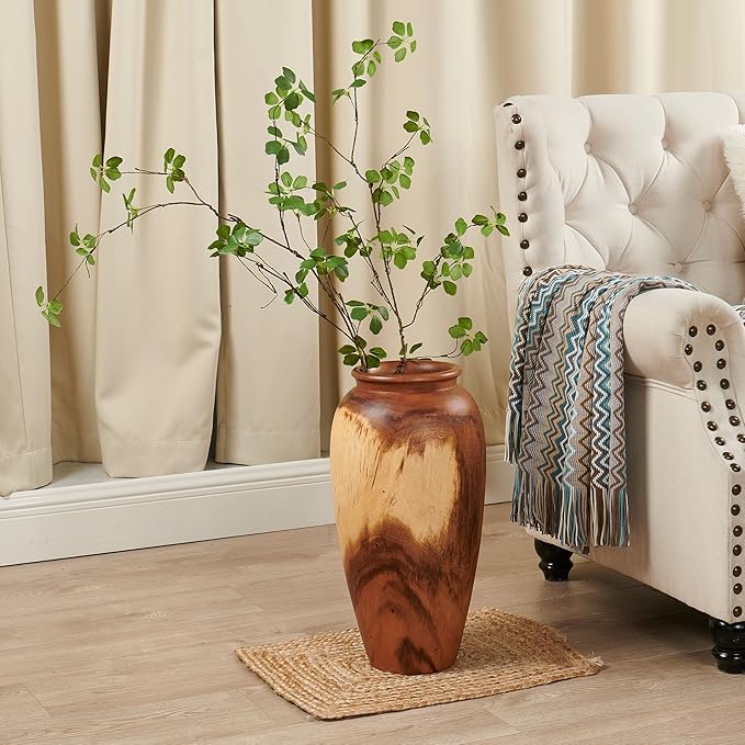 Natural Wood Vase 7.1" x 7.1" x 19.7" H Wooden Brown Handmade Acacia Vase Rustic Decorative Flower Holder Vintage Artworks Planter for Living Room Floor Home Christmas Décor
