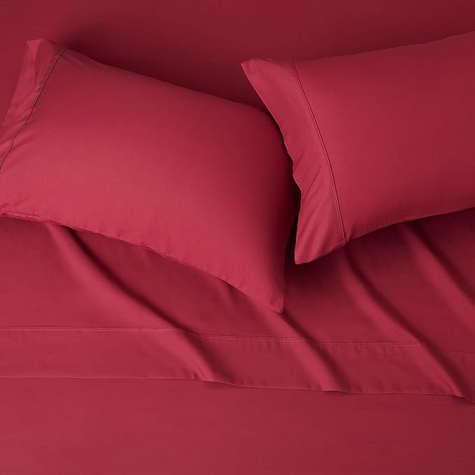 Amazon Basics Lightweight, Breathable Super Soft Easy Care Microfiber 4 Piece Bed Sheet Set with 14-Inch Deep Pockets, Full, Burgundy, Solid
