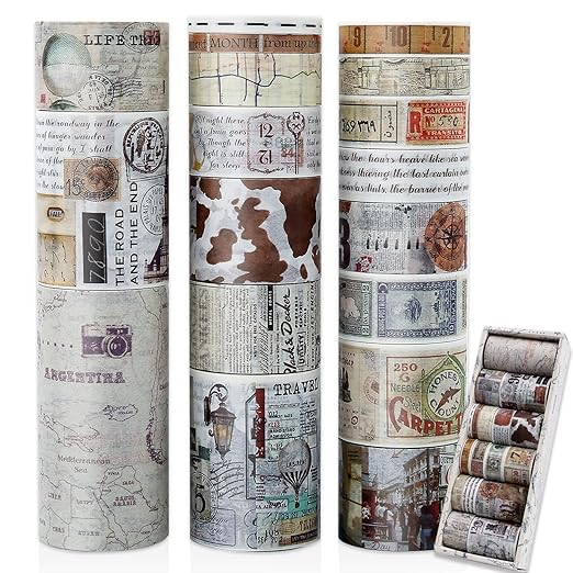 18 Rolls Vintage Washi Tape Set, Newspaper Building Map Retro Masking Tape 5/10/15/20/25/30/50/75mm Wide 6.56ft Long Decorative Scrapbook Tape for journaling, Scrapbooking Supplies, Junk Journal Craft