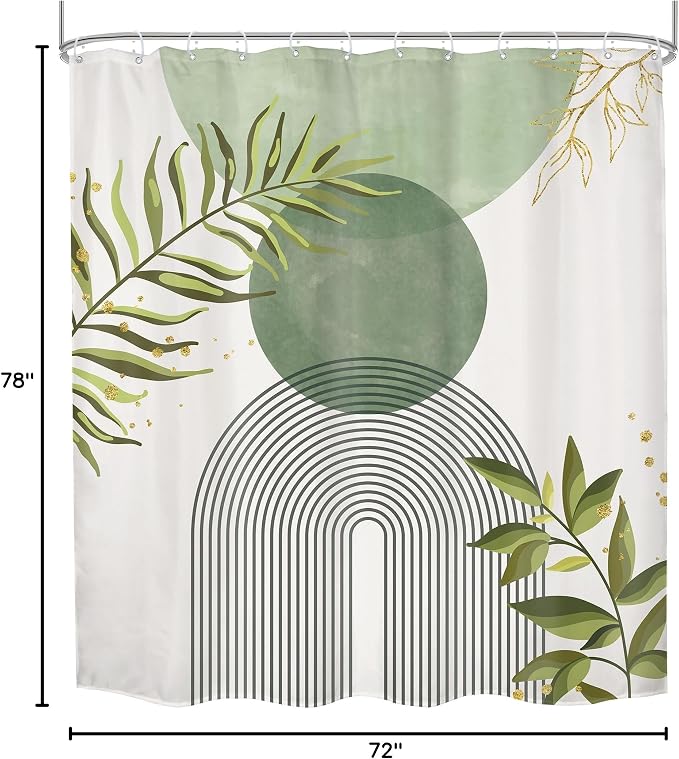 Sage Green Boho Shower Curtain 72Wx78H Modern Bohemian Abstract Leaves Olive Dark Green Mid Century Plant Bathroom Decor Minimalist Geometric Arch Bath Curtain Fabric Polyester 12 Pack Hooks