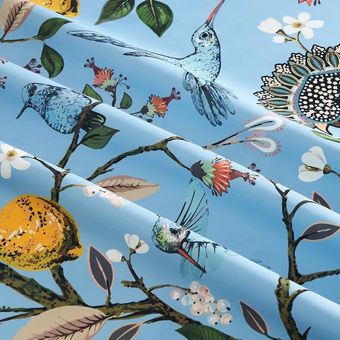Vintage Floral Curtains 90 Inches Long for Living Room Bedroom Luxury Whimsical Lemon Hummingbird Patterned Waverly Mid Century Colorful Pinch Pleated Blackout Drapes 2 Panels，Light Blue