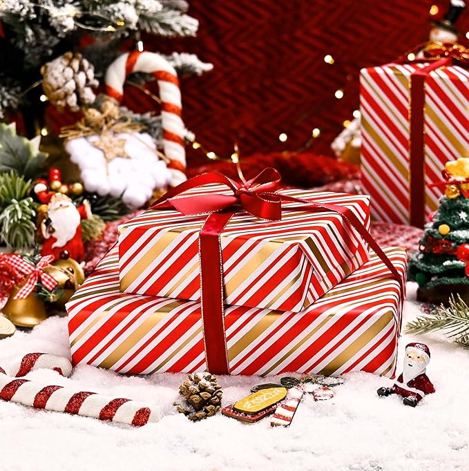 MAYPLUSS Christmas Stripe Wrapping Paper Roll - 17 Inch X 33 Feet - Classic Red Candy with Gold Diagonal Stripes Winter Holiday Gift Wrap for Weddings Birthday Party Showers and Scrapbooking