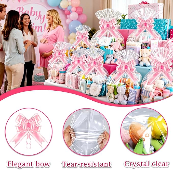 PigPotParty 16"x24" Clear Cellophane Gift Bags - Includes Pink Bows – 10 Pack Cellophane Wrap for Gift Baskets, Plastic Gifts Bags for Girl's Birthday, Baby Shower, Wedding, and Bridal Shower