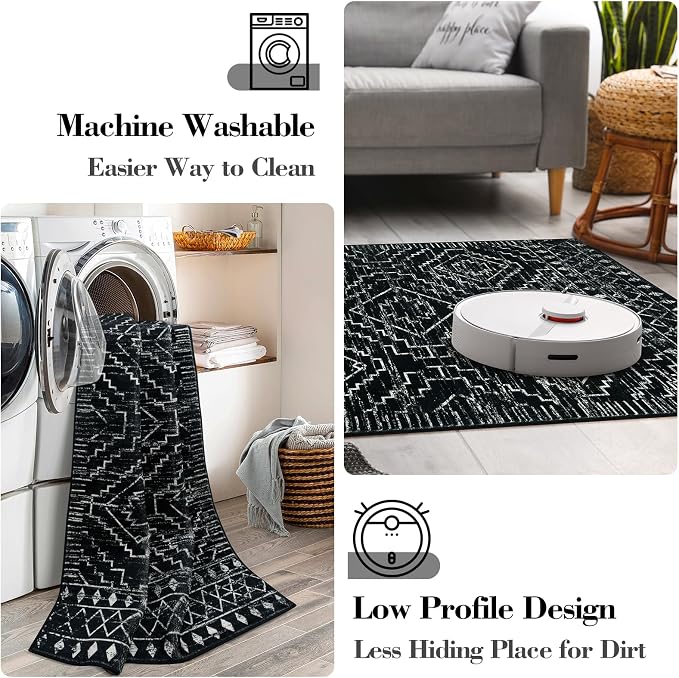 Wonnitar Washable Kitchen Runner Rug 2x6, Moroccan Black Runners for Hallway, Non Slip Bohemian Soft Bathroom Throw Mat Geometric Carpet Runner for Laundry Entryway Bedroom (Black,2'x6')