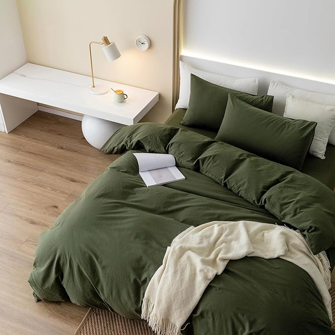JIYUAN 100% Washed Cotton Duvet Cover Set 3 Pieces Alaska King, 1 Duvet Cover 132x120 Inches(Comforter Not Included) and 2 Pillowcases,Linen Feel Bedding Set Comfy and Breathable,Olive Green