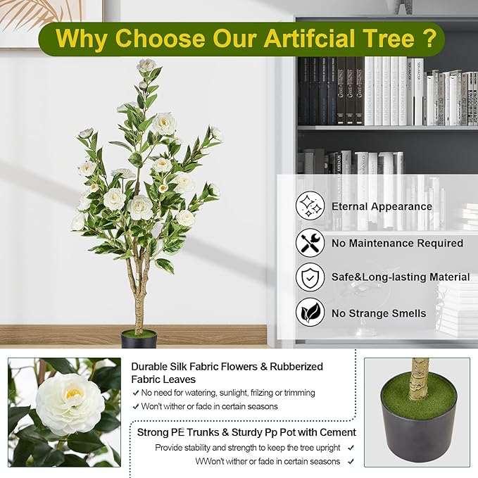 5.2FT Artificial Camellia Tree, White Silk Flower Faux Plant - Realistic Potted Greenery for Indoor/Outdoor, Office & Home Room Decor, Ideal for Wedding Venue Decoration