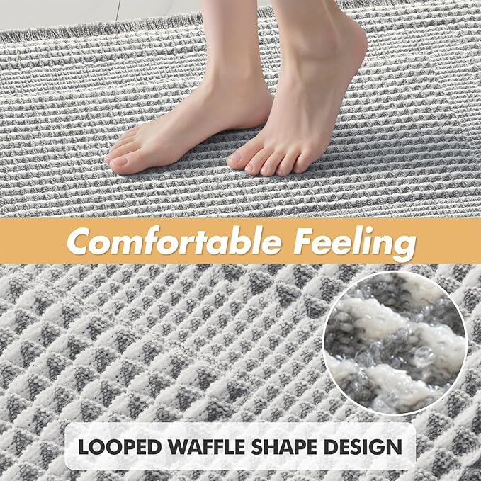MIULEE Set of 2 Waffle Bathroom Rugs, Boho Bath Rug Super Absorbent, Non Slip Washable Ultra Soft Rubber Backed Shower Bath Mats for Floor, Tub, Looped Design, Lightgrey & Cream, 17"x24"+18"x30"