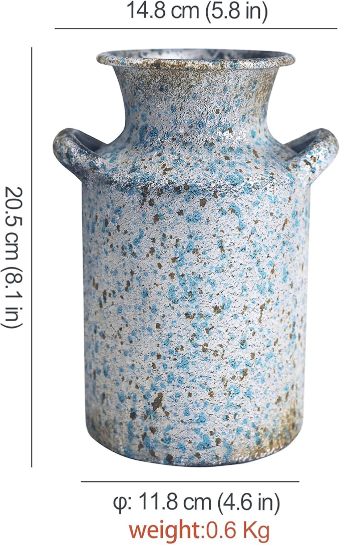 Rustic Vintage Metal Flower Vase for Decor Milk Jug Small Vases for Flowers Kitchen Decorations, Cylindrical,Perfect for Kitchen, Dining Room, Living Room,Housewarming Gift, Blue