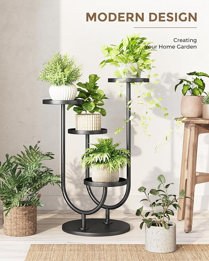 Bamworld Upgraded Outdoor Plant Stand Metal Plant Stand Indoor Corner Plant Stands 4 Pots Plant Shelf for Tall Plant Holder Black Plant Shelves for Living Room Bedroom Midcentury Modern Home Decor