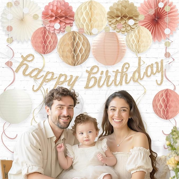 Boho Pink Happy Birthday Decorations, Pre-Strung Happy Birthday Banner with Honeycomb Balls, Paper Flowers, Lanterns, Fans, Hanging Swirls, Circle Dots Garland for Birthdays Party Decorations 24pcs