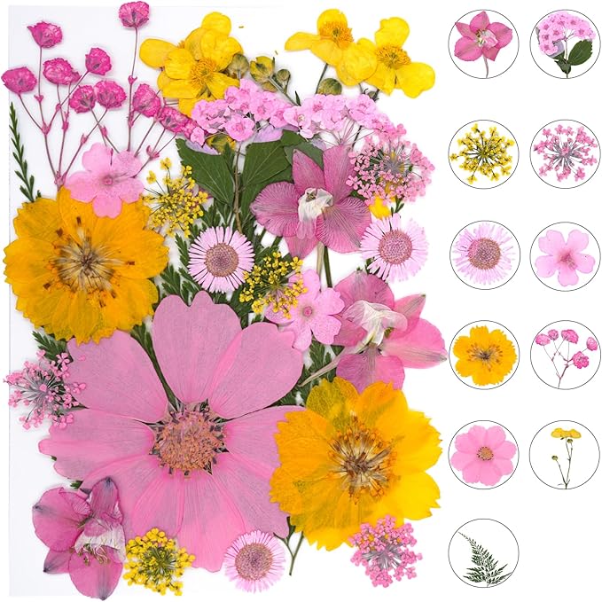 30Pcs Dried Pressed Natural Flowers for Resin Molds Real Pressed Flowers Dry Leaves Bulk Natural Herbs Kit for DIY Scrapbooking Art Crafts Jewelry Molds Candle Soap Making Nails Decor (Yellow+ Pink)