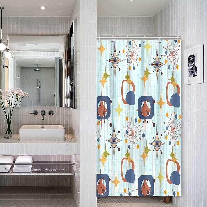 Mid Century Shower Curtain, 48x72inch, Modern Abstract Retro Blue Striped Geometric Shower Curtain Sets 1950s Boho Bathroom Shower Curtain with 8 Hooks