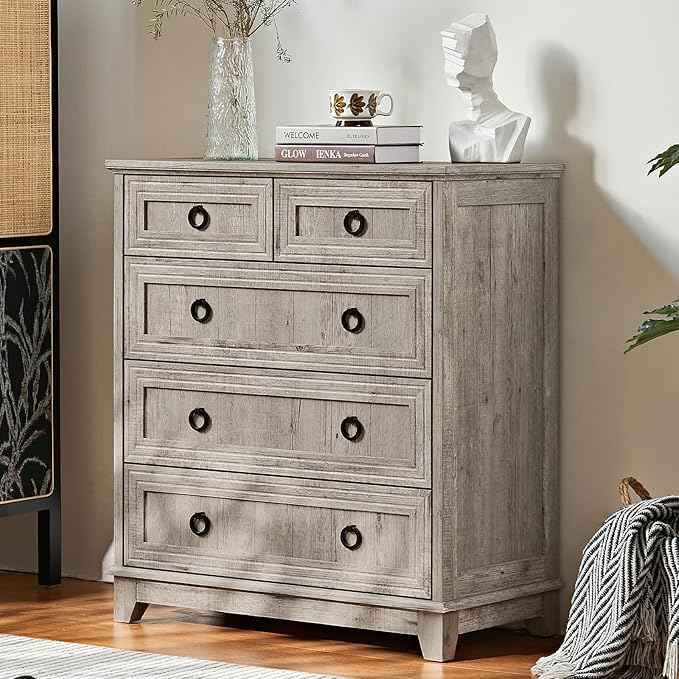Farmhouse 5 Drawer Dresser for Bedroom Set of 2, 33.2" Tall Small Dressers & Chest of Drawers, Rustic Wood Dresser with Metal Handle, Storage Organizer Closet for Living Room, Hallway,Entryway