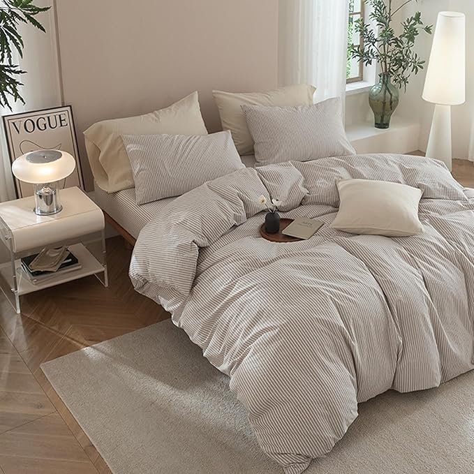 JIYUAN 100% Washed Cotton Striped Duvet Cover Set 3 Pieces King, 1 Duvet Cover and 2 Pillowcases(Comforter Not Included),Linen Like Bedding Set Comfy and Breathable,Pinstripes-Heathered Taupe White