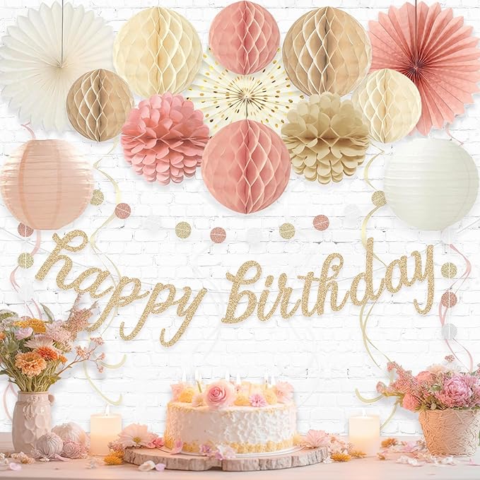 Boho Pink Happy Birthday Decorations, Pre-Strung Happy Birthday Banner with Honeycomb Balls, Paper Flowers, Lanterns, Fans, Hanging Swirls, Circle Dots Garland for Birthdays Party Decorations 24pcs