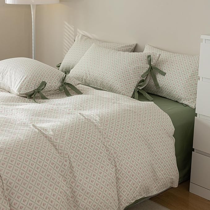 Pink Flower Duvet Cover Queen Green Plaid Grid Duvet Cover 100% Cotton Floral Cottagecore Bedding Set Queen with 2 Bow Ties Pillowcases Vintage Aesthetic Girls Comforter Cover with Zipper Closure