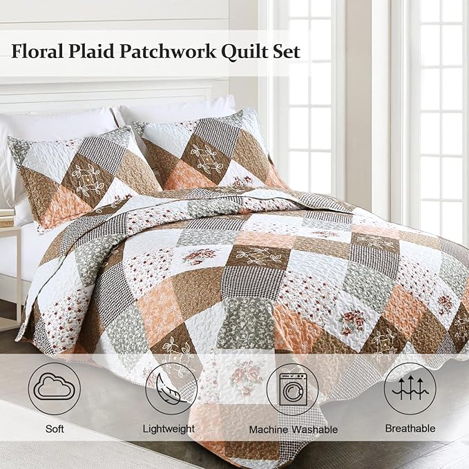 Dinjoy Floral Plaid Patchwork Quilt Set Queen Size, Reversible Brown Bedding Set Soft Microfiber Lightweight Bedspread Coverlet 3 Piece Fall Autumn Summer Use (90x90 inches)