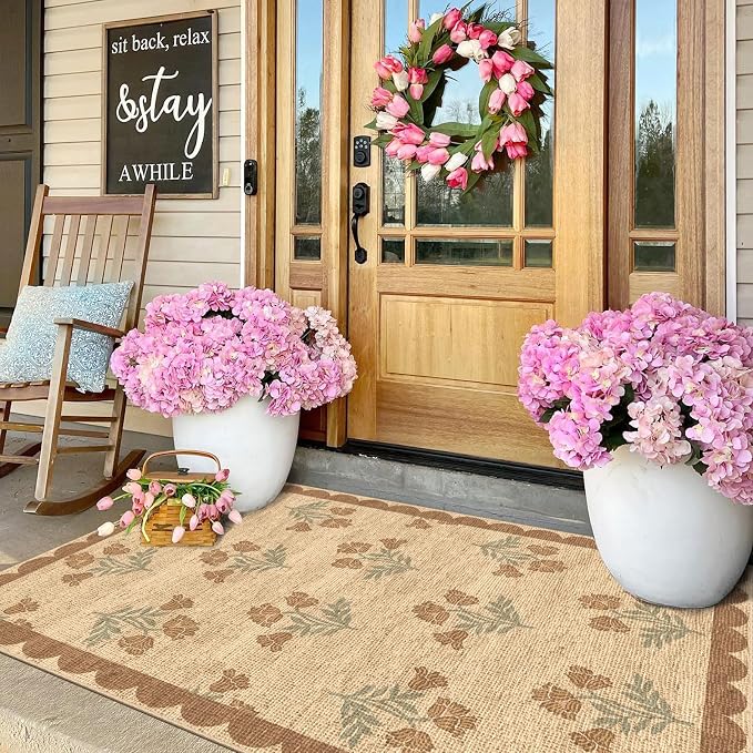 3x5 Floral Entry Rug - Small Washable Indoor Outdoor Mats for Front Door Non-Slip Jute-Look Porch Rug Boho Tan Scalloped Throw Rugs for Living Room Bedroom Entryway Kitchen Office Porch Decor