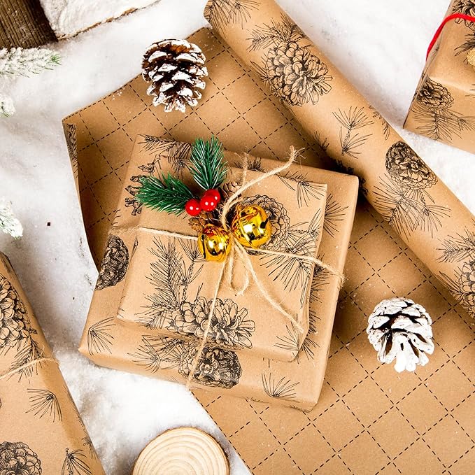 Yarcony Kraft Christmas Wrapping Paper, Pine Cone Wrapping Paper, Recycled Thick Forest Autumn Pine Cones, Botanical Brown Christmas Gift Wrap for Holiday, Thanksgiving Natural (17 Inch X 33 Feet)