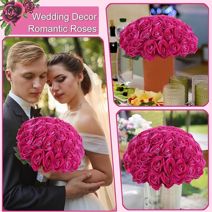 12Pcs Fuchsia Roses Artificial Flowers Fake Roses Faux Velvet Silk Flower for Home Wedding Decoration (Pearl Rose, Fuchsia)