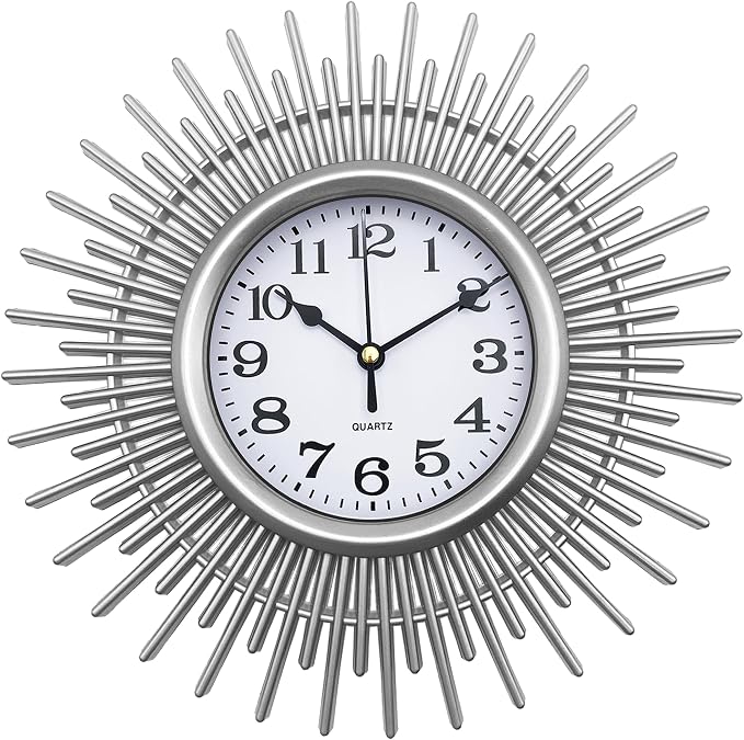 Sunburst 10 Inch Small Wall Clock, Silver Round Analog Clock Battery Operated, Modern Decorative Wall Clock for Living Room, Kitchen, Office, Bathroom