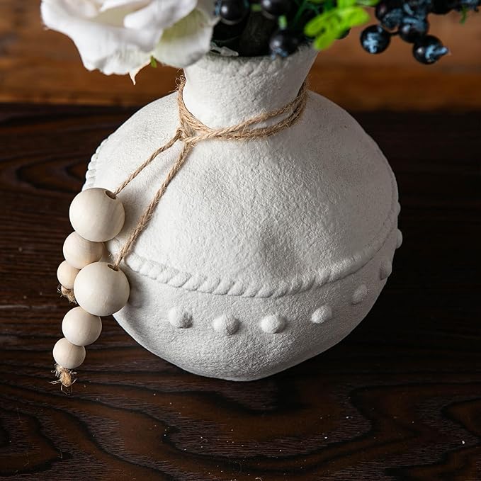 Rustic Ceramic Vase with Boho Wooden Beads, Matte Decorative Pottery for Modern Farmhouse and Bohemian Decor, Floral Arrangements, Living Room, Dining Table Centerpieces