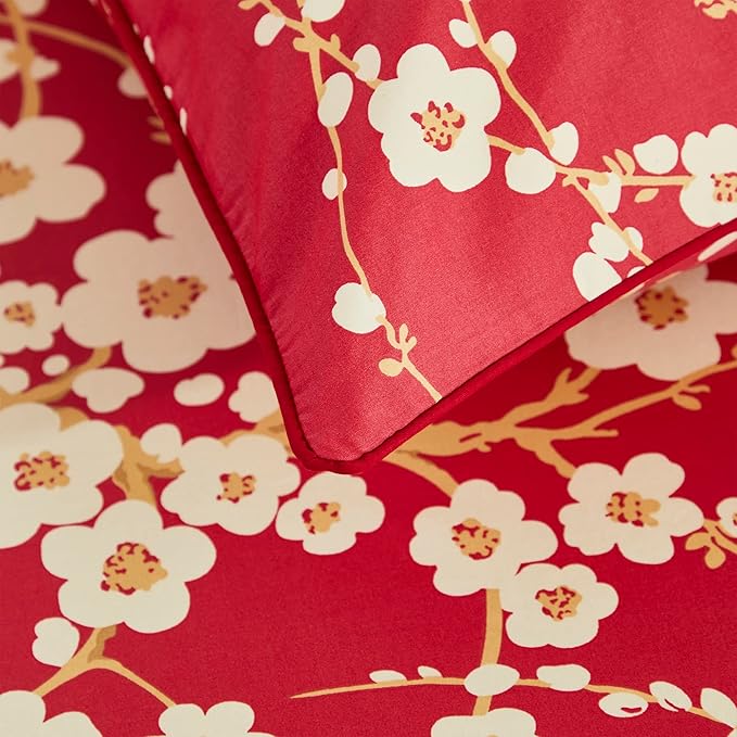 Brandream Sheets Set Twin Size Japanese Oriental Style Cherry Red Floral Blossom Branches Print Chinoiserie Bedsheets Pillowcases Set 100% Egyptian Cotton Sateen Botanical Tree Deep Pocket, 4 Pieces