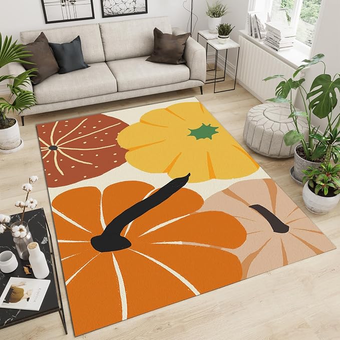 Cartoon Pumpkin Large Area Rug, Autumn Harvest Pumpkin Non Slip Print Rugs, Soft Machine Washable Carpet for Indoor Bedroom Living Room Office Decor Rug - 5 ft x 6 ft