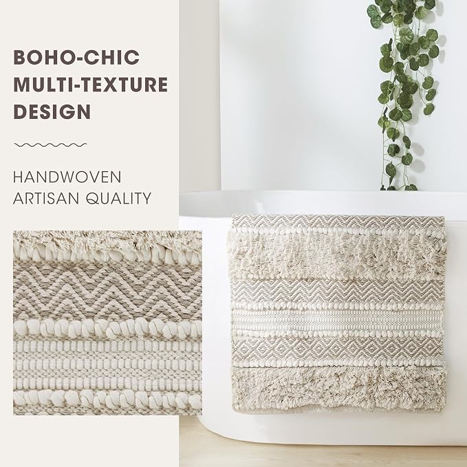 Ink+Ivy Bath Rug Hand-Woven Texture Shaggy Striped Soft & Water Absorbent, Boho Bathroom Décor Bath-Mats, Non-Slip Absorbent Quick Dry Mats for Tub, Shower Room, Asher, 20x32 Natural