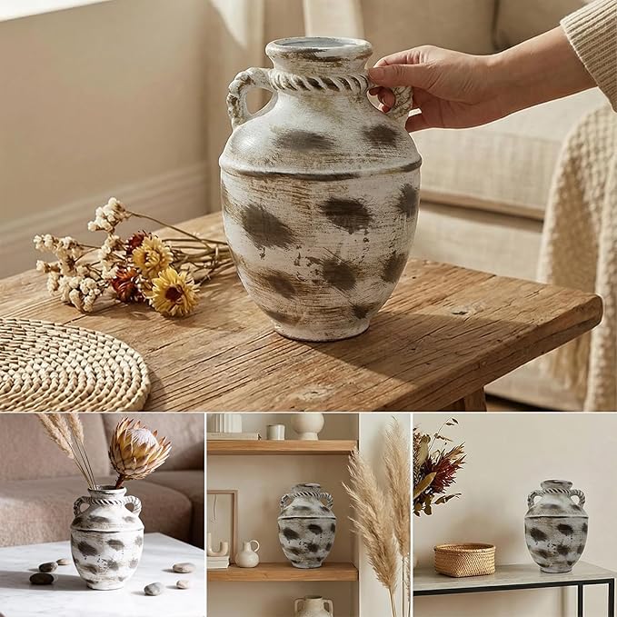 Rustic Ceramic Flower Vase Home Decor, 11 inch Large Pottery Decorative Vase for Centerpieces, Modern Farmhouse Vintage Vase for Dining Table, Living Room,Kitchen, Shelf (Round)