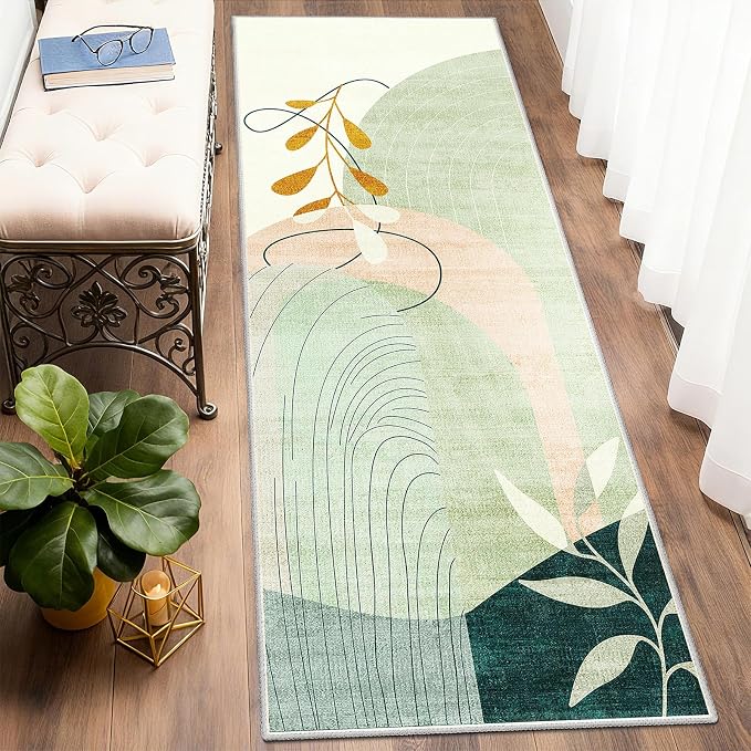 MUJOO Washable 2x6 Runner Rugs for Kitchen Hallway Bedside Bathroom Laundry Room Bedroom Floor,Boho Long Area Rug Non Slip Carpet Throw Rug Mid Century Modern Abstract Botanical Geometric Green