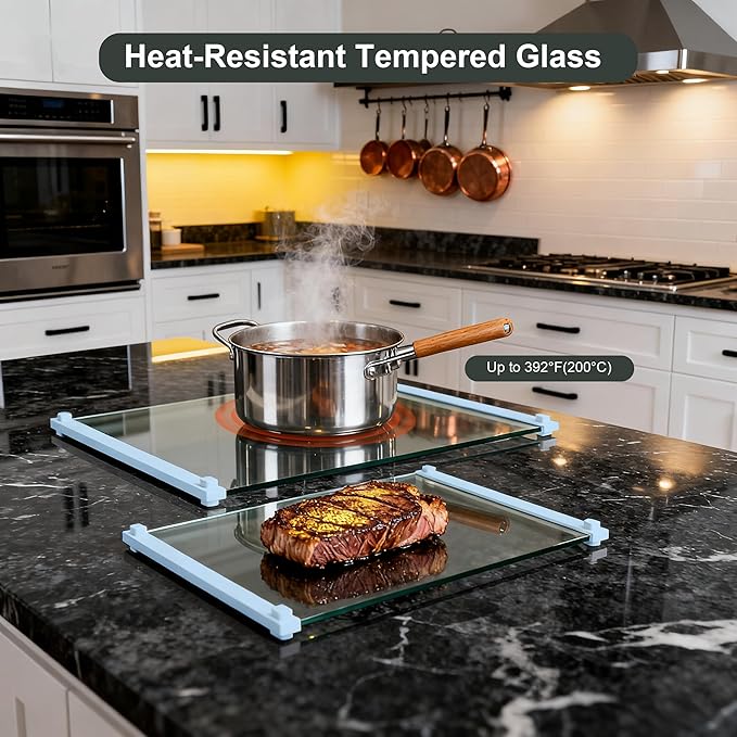 2PCS Glass Cutting Board with Silicone Grip, 80% Stronger Shatter Resistance and Slip Resistance,No Scratches/Microplastic-Free,Dishwasher Safe, Non Toxic Chopping Board for Kitchen (Blue)