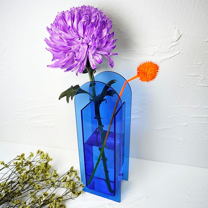 Acrylic Vase Creative Gifts Minimalist Design Wedding Centerpiece Home Office Decor Elegant Floral Display Stand(Not Including Flowers) (Full-Blue, 1PCS)